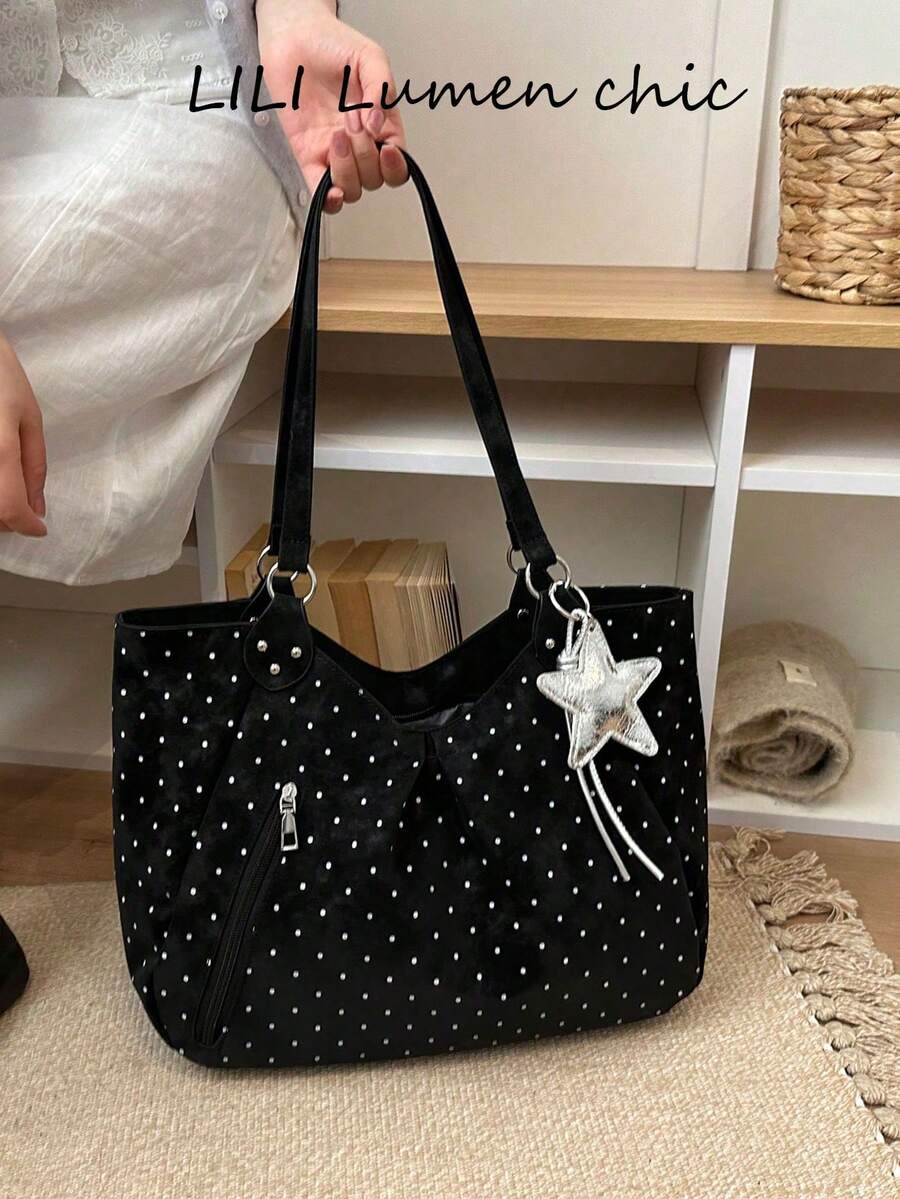 Sweet Polka Dot Soft Fabric Tote Bag, Black Large Capacity Open Top With Metal Ring Strap Connector And Star Keychain For Travel Grocery Trips - Black - View 1