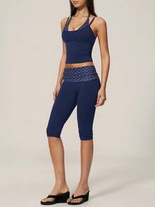 TimeOff Women's One Set Polka Dot 2 In 1 Spliced Thin Strap Tank Top & Folded Waist Shorts Sports Set - Blue - View 8