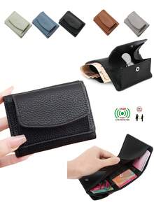 極簡 RFID 防盜刷迷你零錢包口袋錢包，日常純色荔枝紋壓花小錢包，附卡槽，可放信用卡/身分證/現金/鈔票，輕巧便攜，三折卡夾，中性款 - 彩色 - 查看 1