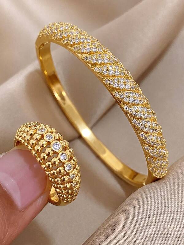 Ensemble de bijoux en zircone plaqué or 18K avec motif nid d'abeille torsadé, bracelet manchette ouvert réglable et bague, accessoires élégants pour femmes, convient pour les occasions quotidiennes et les fêtes