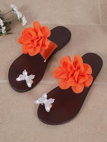 Women's 3D Floral Toe-Post Sandals, Flat Rhinestone Butterfly Pattern Flip-Flops, Summer Vacation Beach Casual Sandals - Orange - View 3