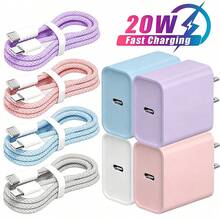 20W Wall Fast Charging Kit USB-C Type Charging Adapter, With 3.3FT/100cm Type-C To USB-C Nylon Braided Charging Cable Anti-Tangle Data Line, Compatible With IPhone 17 16 15 Pro Max Plus, And Other Android Type-C Port Portable Charging Kit - Pink/White/Blue/Purple - US A Type Plug(110-127V) - View 1