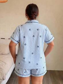 2pcs Comfortable Striped Bow Print Plus Size Summer Short Sleeve Lapel Top And Bow Shorts Women Pajama Set - Blue - View 2