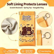 Built-In Lens Cleaning Cloth Eyeglasses Pouch Halloween Spooky Black Cat Pumpkin Pattern Portable Fashion Glasses Storage Bag With Keychain - Multicolor - View 4