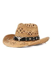 1 pieza Sombrero de vaquero de paja hueca, banda tejida de ganchillo transpirable, ala ancha vintage, accesorio de vibra enérgica, adecuado para festival de música y vacaciones en la playa - sombrero de paja - Ver 11