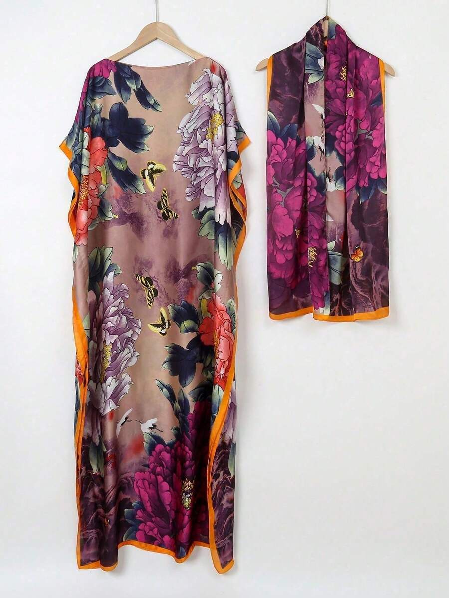 1件女款仿絲印花披肩圍巾套裝,外穿裝飾,沙灘防曬防風防紫外線,日常穿搭 - 彩色 - 查看 1