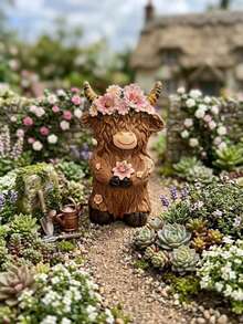 Encantadora estatua de vaca de las tierras altas, decoración de resina de vaca de estilo rústico, regalo de Acción de Gracias, Festival de la Cosecha, Navidad, adecuado para habitaciones interiores y decoración de patio exterior, balcón - Vaca con flores rosas - Ver 9