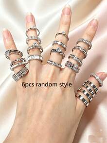 3/6/9/12pcs Elegant Stainless Steel Women's Ring Set, Rhinestone English Letter Round Zirconia Matte Multi-Style Stackable Rings, Suitable For Daily Commute, Dating, Confession, Engagement, Wedding Gift, Gentle Accessory, Random Style And Size - Silver - View 9