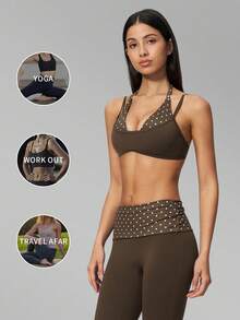 MFVIM Women's 2-Piece Yoga Set, Vintage 2 In 1 Camisole Top / Folded High Waist Slimming Capris Anti-Exposure - Brown With White Polka Dots - View 5
