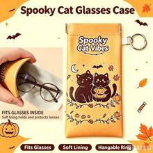 Built-In Lens Cleaning Cloth Eyeglasses Pouch Halloween Spooky Black Cat Pumpkin Pattern Portable Fashion Glasses Storage Bag With Keychain - Multicolor - View 2