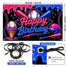 Baseball Ice Cream Drip Birthday Banner Decorations Sports Theme Happy Birthday Backdrop, Baseball Party Hanging Banner Birthday Party Supplies Photo Booth Decor - Neon - View 2