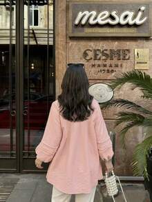 Plus Size Light Pink Woven Funnel Neck Top With Bishop Sleeves And Pleated Details, Casual Loose Regular Length Blouse Fall - Pink - View 5