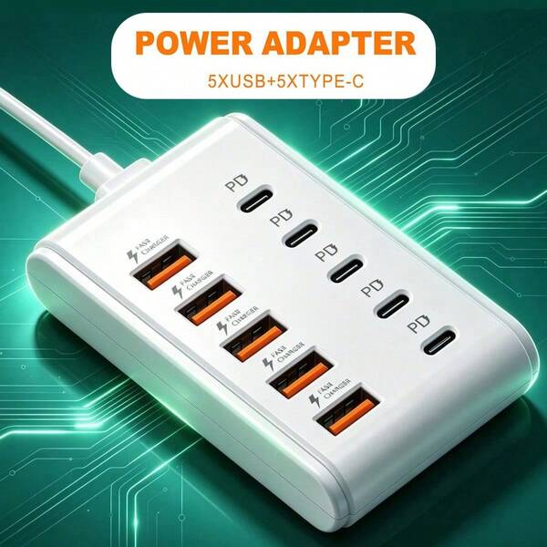1 buah Stasiun Pengisian Daya Dinding Cepat 10 Port USB Hub (5 Port USB-A + 5 Port Type-C PD) - Isi Daya Tablet/Laptop/Perangkat Pintar Secara Bersamaan, Pengisi Daya Multi-Port yang Ditingkatkan dengan Teknologi Pengisian Daya Cerdas, 10 Port USB Hub Pengisian Cepat (5 Port USB-A + 5 Port PD) - Pengiriman Daya 66W, Dock Ekspansi Daya USB Ringkas untuk MacBook, PC, Tablet, Smartphone - Kompatibel dengan Perangkat USB-C