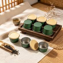 7件組迷你綠色蠟燭罐附木蓋，2.56英吋空金屬香氛蠟燭容器，適用於DIY蠟燭製作、大豆蠟、糖果、香料及居家裝飾禮品收納罐 - 7Pcs - 查看 2