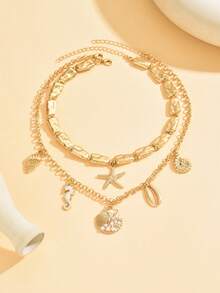 2 piezas/Set Collar de cuentas CCB con diseño vintage asimétrico, collar decorativo de moda con múltiples colgantes de criaturas marinas en tono dorado, joyería de cuello encantadora para mujeres adecuada para uso diario, vacaciones, fiestas y reuniones - Multicolor - Ver 2