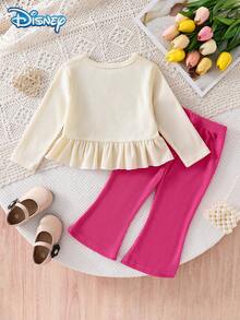 Disney Autumn Baby Girl Minnie Cute Long Sleeve T-Shirt & Flare Pants Set With Minnie Cartoon Pattern, Slightly Elastic, Suitable For Daily Wear And Gift Giving - Apricot - View 2
