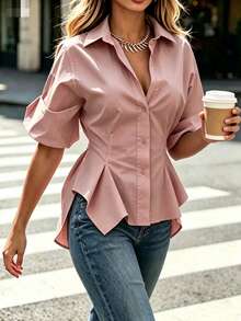 Women's Woven Fabric Short Sleeve Shirt Collar Top, Asymmetric Hem And Bell Sleeves, Regular Length Fashion Top Pink Summer - Pink - View 3