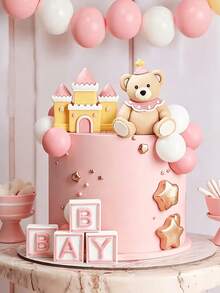 1pc Teddy Bear Cake Topper Castle, Letter "Baby" Baby Shower Cake Decoration, Birthday Party Supplies, Baby Shower Gift - Multicolor - View 3