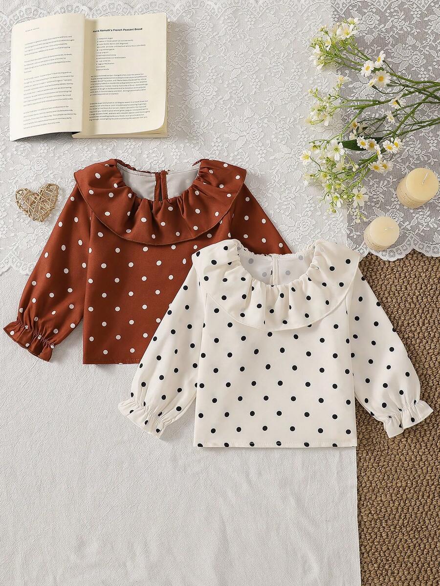 Baby Girls' Cute Elegant Round Neck Ruffle Hem Polka Dot Print Long Sleeve Ruffle Cuff Back Closure Water Drop 2-Piece Set Fashion Versatile Casual Toddler Clothing Spring Summer Suitable For Daily Wear And Outings - Multicolor - View 1