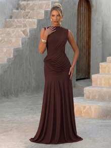 Elegant Sexy Backless Party Dress, Round Neck Pleated Design, Backless Detail, Perfect Choice For Parties - Brown - View 10