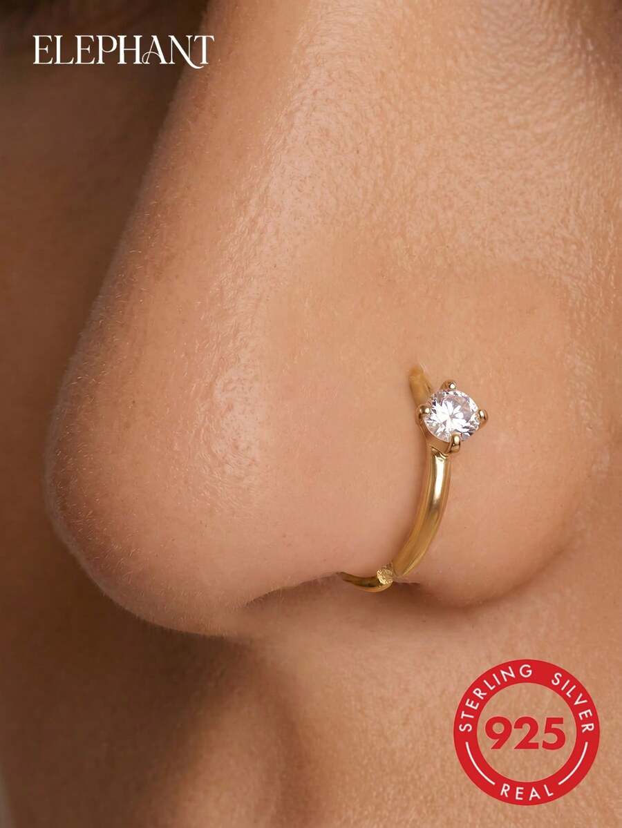 1 Peça Anel de Nariz de Diamante de Prata Esterlina S925 com 4 Garras, Prata Pura Banhada a Ouro 14K, Anel de Nariz com Diamante Único, Pequeno e Delicado, Simples e Versátil, Cor Dupla de Ouro e Prata, Adequado para Uso Diário de Mulheres - Piercing de nariz com diamante único de quatro garras - Visão 1