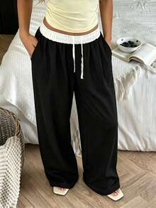 Women's Colorblock Waist Design Elastic Band Pocket Loose Jogger Pants Black - Black - View 3