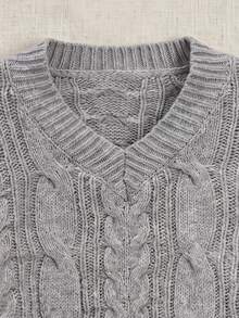 Sweater Rajut Kabel Leher V dengan Hiasan Renda - Pullover Longgar yang Nyaman untuk Musim Gugur, Cocok untuk Gaya Kasual Sehari-hari dan Kampus di Musim Gugur - Grey - View 9