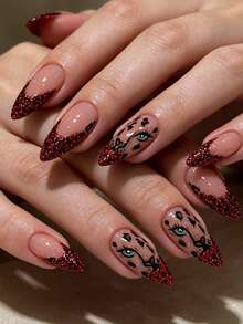 Eleva tu elegancia 24 piezas de uñas postizas con forma de almendra, moda fresca con estampado de leopardo, brillo rojo, diseño de cara de leopardo de alta gama y brillante, uñas postizas adecuadas para mujeres, bodas, citas, uso diario, removibles, el juego de uñas postizas incluye pegamento de gelatina y lima de uñas, el pegamento de gelatina se envía al azar - Multicolor - Ver 1