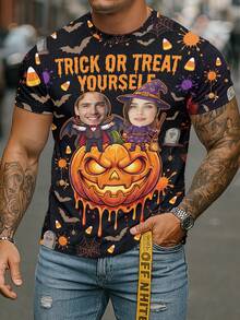 Men's Halloween Personalized Photo T-Shirt - "TRICK OR TREAT" Pumpkin Graphic Custom Print Top - Multicolor - View 4