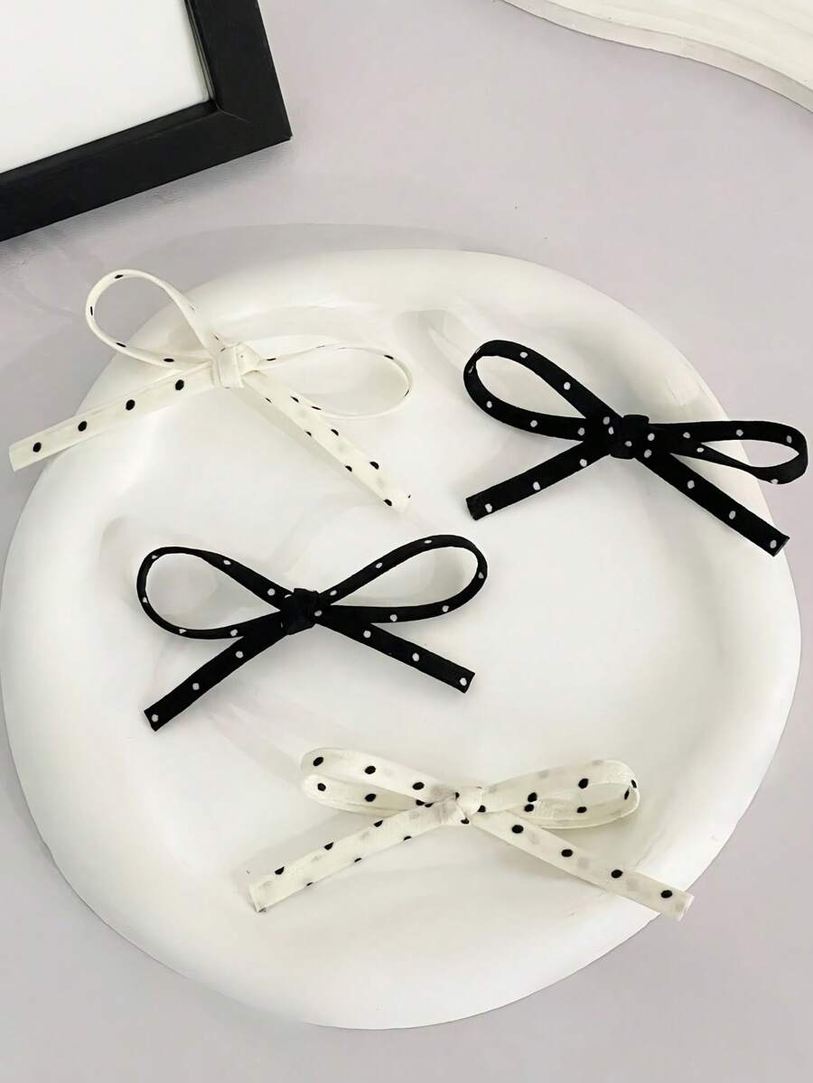 4pcs Black & White Polka Dot Pattern Minimalist Bow Design Retro Versatile Elegant Style Daily Hair Accessories - Black and White - View 1