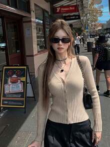 V-Neck Ribbed Knit Cardigan Women's Autumn Slim Fit Waist-Cinching Long Sleeve Top, Suitable For Office Commute And Casual Outings - Khaki - View 3