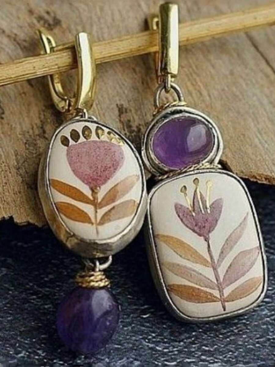 Gmzalx Bông tai treo nữ phong cách rừng bất đối xứng, thiết kế họa tiết hoa màu nước, phù hợp cho đi chơi, hẹn hò - Nhiều màu - Xem 1