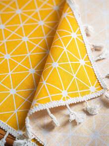 Bubaba Yellow Geometric Pattern Tablecloth With Tassel Decoration - Cotton Polyester Blend Bohemian Style Tablecloth, Suitable For Kitchen, Dining Room And Home Decor - Yellow - View 9