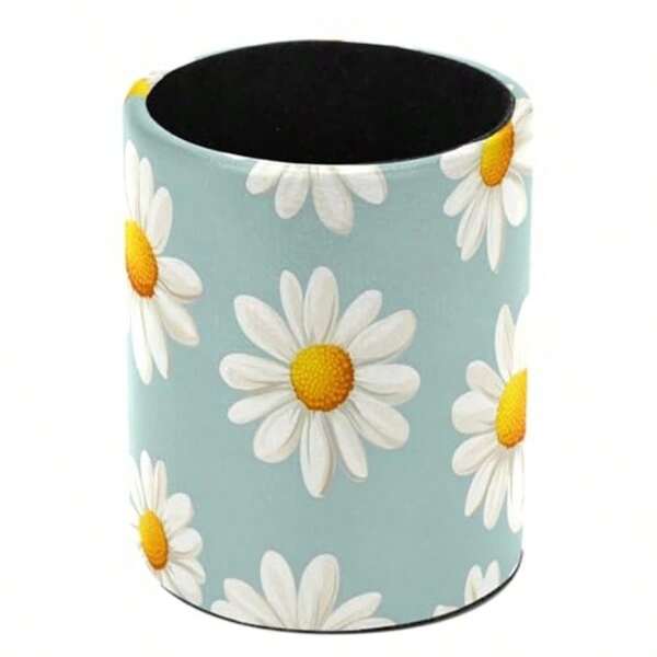 Leather Pen Holder For Desk, Colorful Aesthetic Daisy Pencil Cup Pen Organizer Makeup Brush Holder For Office Home Countertop Desk Accessory Storage