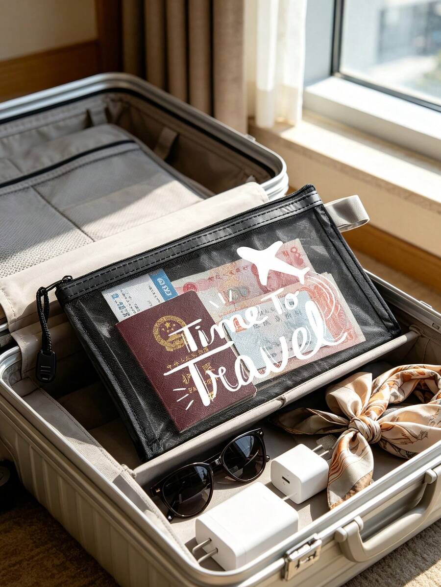 Airplane Theme Mesh Document Organizer/Passport Holder, Multiple Airplane Route, Travel Element, English Letter Print, Thickened Transparent Mesh Fabric, Visible Large Capacity, Smooth Zipper, Lightweight And Portable. Suitable For Travel, Vacation, Boarding, Passport, Ticket, Document Storage, Daily Storage Of Tickets And Stationery, Fits Men And Women Travelers, Back To School Season, Travel Season Gift Choice, Practical Small Gift For Travel-Loving Friends And Family! - Multicolor - View 1
