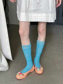 1 Pair French Vintage Girl Calf Socks, Y2K Sweet Cool Style, Spring Summer Lace Hollow Mesh Slouch Socks - Multicolor - View 2