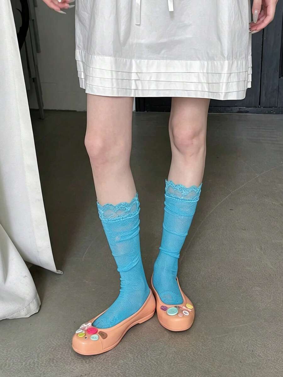 1 Pair French Vintage Girl Calf Socks, Y2K Sweet Cool Style, Spring Summer Lace Hollow Mesh Slouch Socks