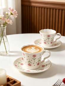 6-Piece (1 Set 90ml) Ceramic Coffee Cup And Saucer Set, Tulip Pattern, Microwave And Dishwasher , Includes Espresso Cup And Arabic Coffee Cup, Suitable For Afternoon Tea, Cafe, Kitchen And Home Decor - Multicolor - View 2
