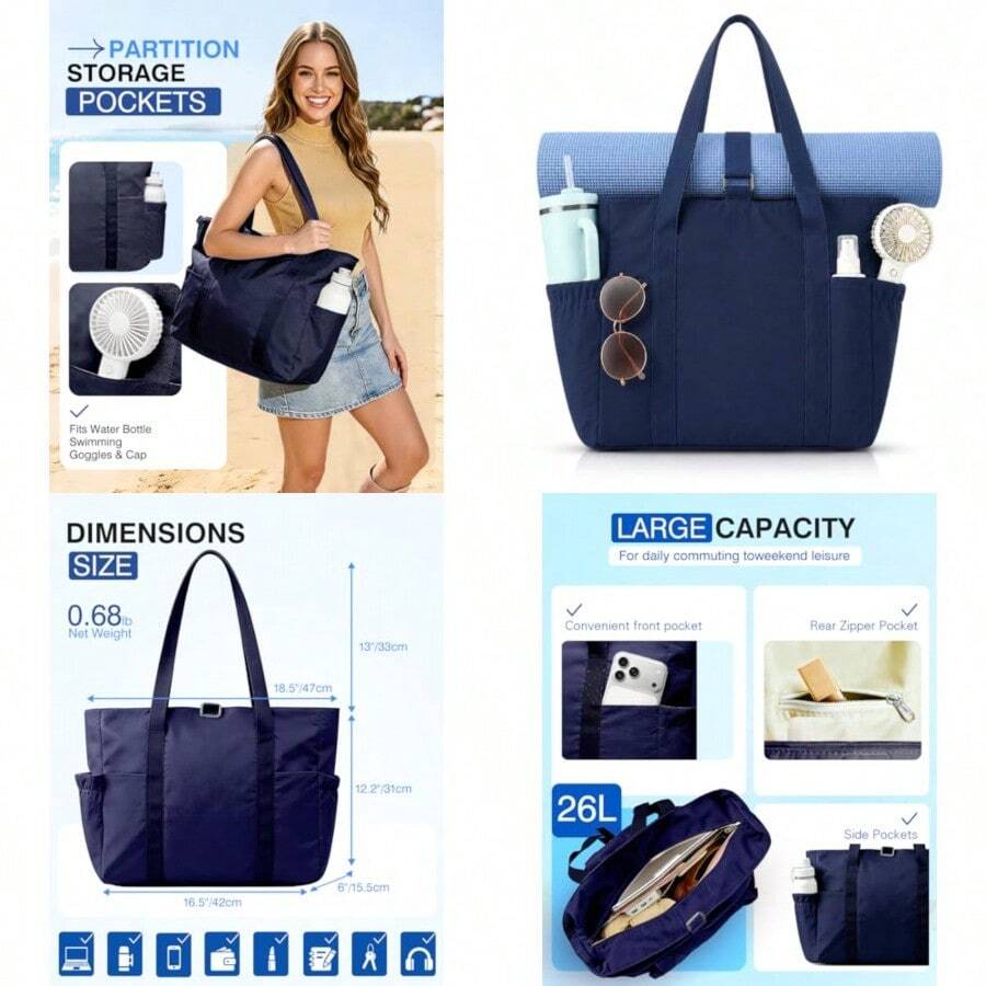 Tote Bag For Women 26L Capacity Travel Purses Work Bag Small Zipper Tote Bag For Travel Nurse Gym Teacher - Navy Blue - View 1