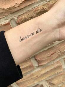 1張草寫體名言「Born To Die」手腕迷你臨時紋身貼紙，防水持久極簡文字假紋身，適用於指關節、鎖骨、腳踝、手掌、頸部的身體藝術貼紙 - 黑色 - 查看 3