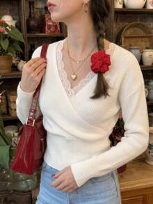 Women's French Elegant Wrap Knit Top, V-Neck Lace Trim Long Sleeve Ribbed Cropped Sweater, Suitable For Daily Coffee Autumn Outfit - White - View 5