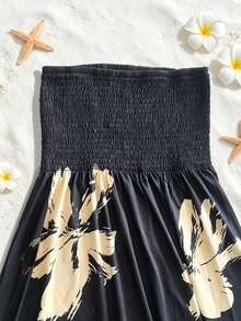 Damen Blumen Patchwork trägerlos Bandeau Kleid, Sommer Strandüberwurf Schwarz Urlaub Elegant - Schwarz - Übersicht 6