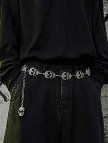 1件萬聖節角色扮演骷髏腰鏈，哥德龐克金屬可調節腰帶，夜店派對街頭風裝飾配件 - 銀色 - 查看 4