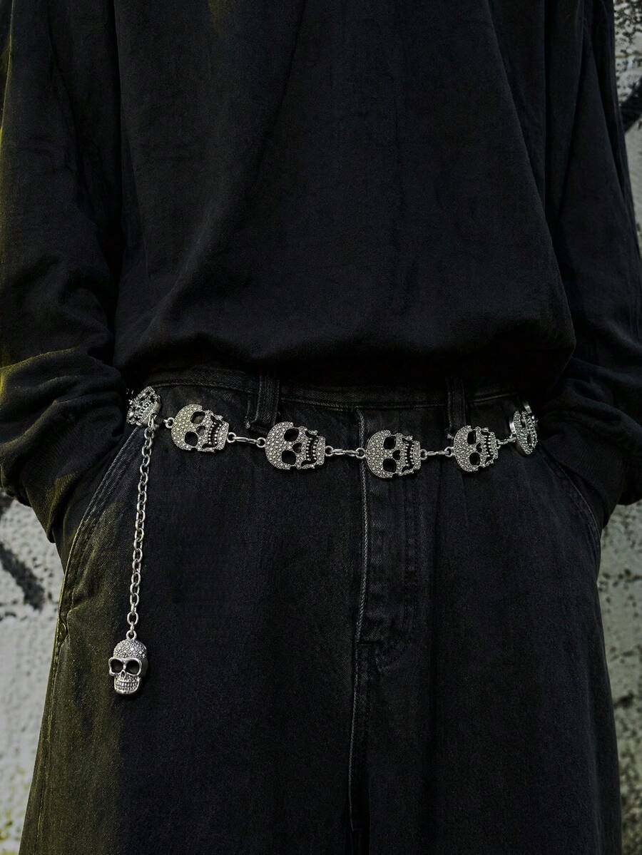 1pc Halloween Cosplay Skeleton Waist Chain, Gothic Punk Metal Adjustable Belt, Nightclub Party Street Style Decorative Accessory - Silver - View 1