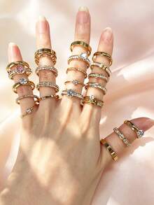3/6/9/12pcs Elegant Stainless Steel Women's Ring Set, Rhinestone English Letter Round Zirconia Matte Multi-Style Stackable Rings, Suitable For Daily Commute, Dating, Confession, Engagement, Wedding Gift, Gentle Accessory, Random Style And Size - Silver - View 8