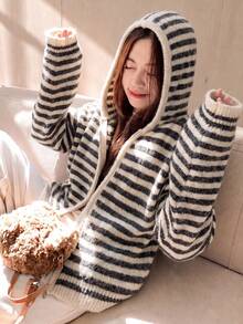 Women's Autumn/Winter Wool Blend Casual Minimalist Vintage Classic Striped Hooded Knit Cardigan Sweater - Oatmeal - View 3