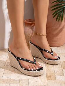 Sandalias de playa de verano para mujer, punta redonda, nuevas, de moda y versátiles, blancas, tipo chanclas con tira entre los dedos, cuña de cuerda, plataforma, suela gruesa, sin cordones, para exterior, tacón alto, elegantes - Multicolor - Ver 5
