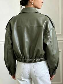 Women's Vintage Solid Faux Leather Lapel Long Sleeve Zip Regular Length Bomber Jacket Outerwear For Business Office Home Vacation Spring Fall Winter - Army Green - View 3