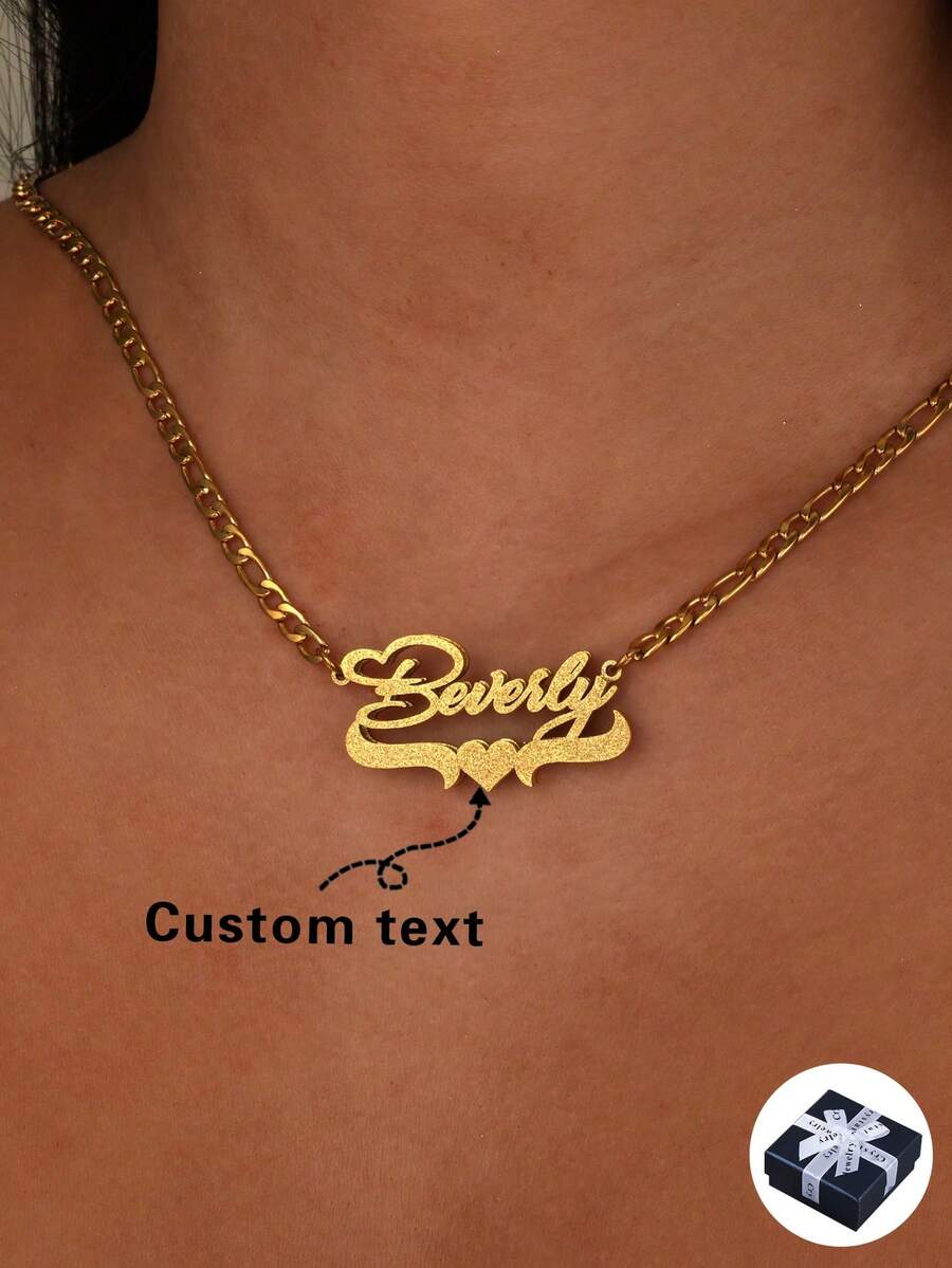Fashionable High-End Customized Name Necklace, Stainless Steel Personalized Heart-Shaped Nameplate Necklace, English Name Customization, Suitable For Women/Girls Daily Wear, Silver/Gold Minimalist, Unique Gift For Girlfriend, Mom, Family, Friend, Daughter, Anniversary, Birthday, Daily Wear, Prom, Mother's Day, Father's Day, Valentine's Day, Graduation, Wedding - Gold-frosted - View 1