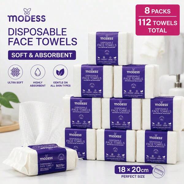 Modess 8-Pack Disposable Face Towels 112 Total(14 Count/Pack), 7.08"X7.8" White Pearl Pattern Cloths, 100% Viscose Plant-Based & 80gsm Heavyweight, Strong Water Absorption Facial Wipes For Sensitive Skin Care & Travel